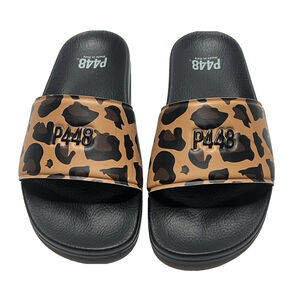 P448 Leopard black rubber sandals Slides Size 3 Black logo flats Pool Beach